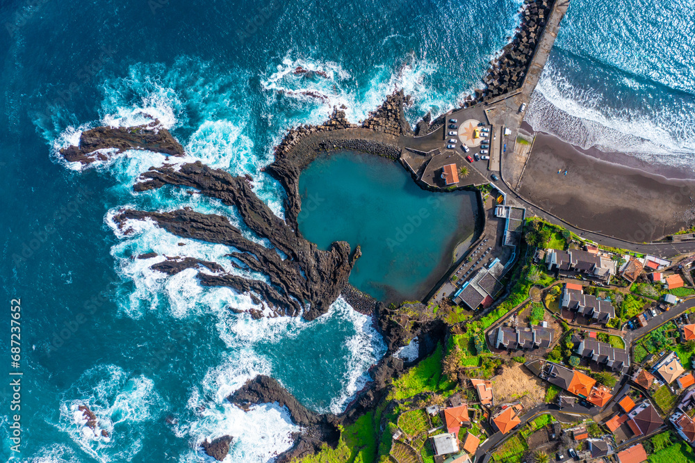 Aerial view of Madeira island. Land meets ocean in Seixal, Madeira, Portugal