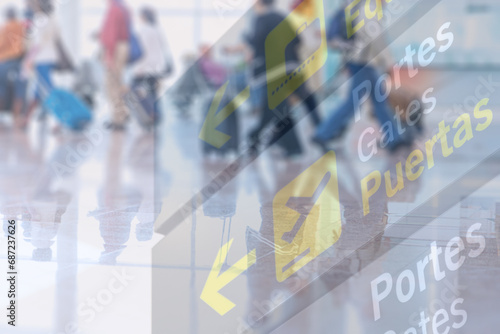 Abstract image of people walking in the airport with airport information board as double exposure background. It can be used as background of travel concept. 