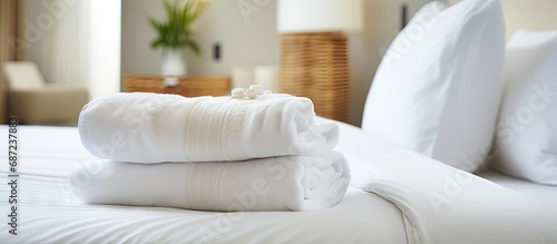 Tidy hotel room Welcome card fresh towels bedding Hospitality Guest White pillow towel Copy space image Place for adding text or design © HN Works