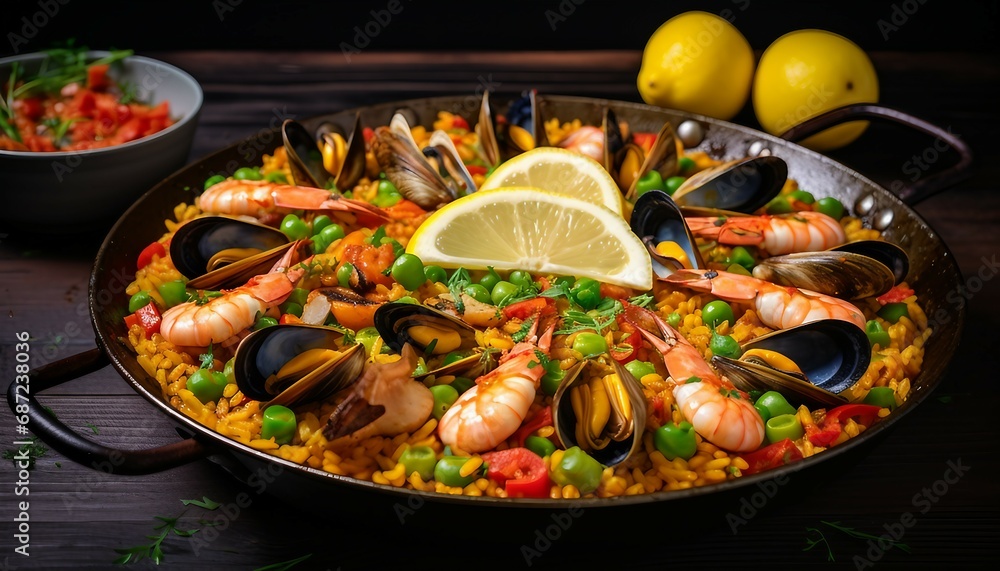 Seafood paella with bell peppers and peas with lemon slices , Seafood paella with shrimps, mussels, squids and tomatoes Seafood paella with bell peppers and peas with lemon slices , Seafood paella with shrimps, mussels, squids and tomatoes