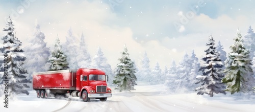 Winter scene with a festive truck carrying acrylic painted Christmas trees in the snow Copy space image Place for adding text or design