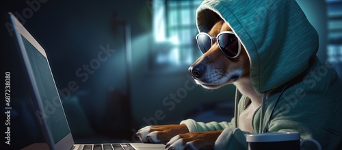 Smart dog working on an online project using a computer and wearing glasses and a hoodie Freelancer working from home during quarantine Busy and intelligent Copy space image Place for adding te