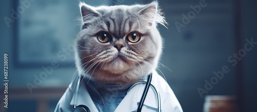 Scottish Fold cat wearing medical accessories looking at empty space Veterinary cat banner Pet health web design Veterinary clinic pet medicine concept Copy space image Place for adding text or photo
