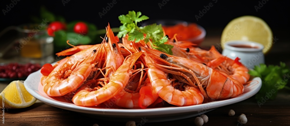 Shrimp vegetables and spicy chili sauce make a delicious seafood salad with citrus Copy space image Place for adding text or design Shrimp vegetables and spicy chili sauce make a delicious seafood salad with citrus Copy space image Place for adding text or design