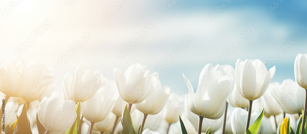 White tulips blooming in a sunny garden during spring with a blue sky as the backdrop Copy space image Place for adding text or design