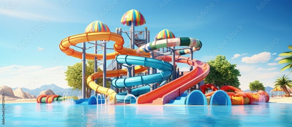 Vacation aquapark with empty colorful waterslides sea view and sunny day Water slide with children pool summer fun activity holiday entertainment Copy space image Place for adding text or desig - obrazy, fototapety, plakaty 