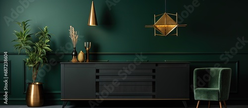 Scandinavian style wooden furniture and black and gold decorations in a dark green apartment Copy space image Place for adding text or design
