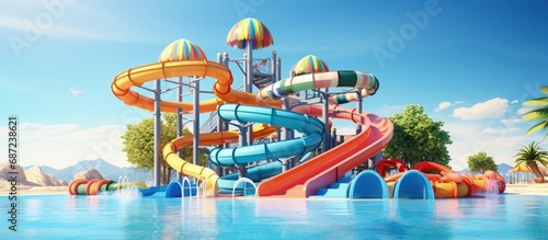 Vacation aquapark with empty colorful waterslides sea view and sunny day Water slide with children pool summer fun activity holiday entertainment Copy space image Place for adding text or desig photo