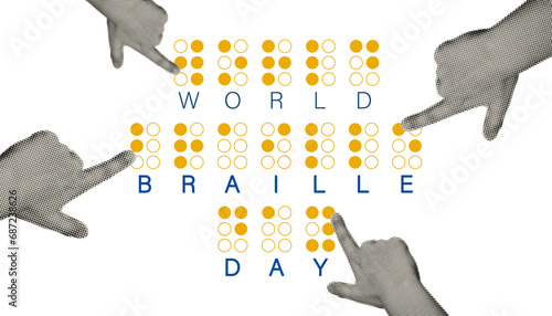 World Braille Day banner. Halftone hands reading text made by braille alphabet signs. Fingers touching the relief quote for blind. Modern vector illustration isolated on white background