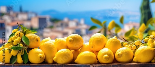 Various types of lemons available at a farmer market in Taormina Sicily Italy Copy space image Place for adding text or design photo