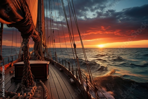 A sailboat gracefully glides across the calm ocean, its deck basked in the warm glow of a stunning sunset while the sky is painted with vibrant hues of orange and pink, a cloudless expanse above as a