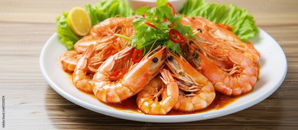 Shrimp vegetables and spicy chili sauce make a delicious seafood salad with citrus Copy space image Place for adding text or design Shrimp vegetables and spicy chili sauce make a delicious seafood salad with citrus Copy space image Place for adding text or design