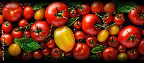 Vibrant tomato food backdrop from organic garden harvest Top down view textural flat lay Copy space image Place for adding text or design © HN Works