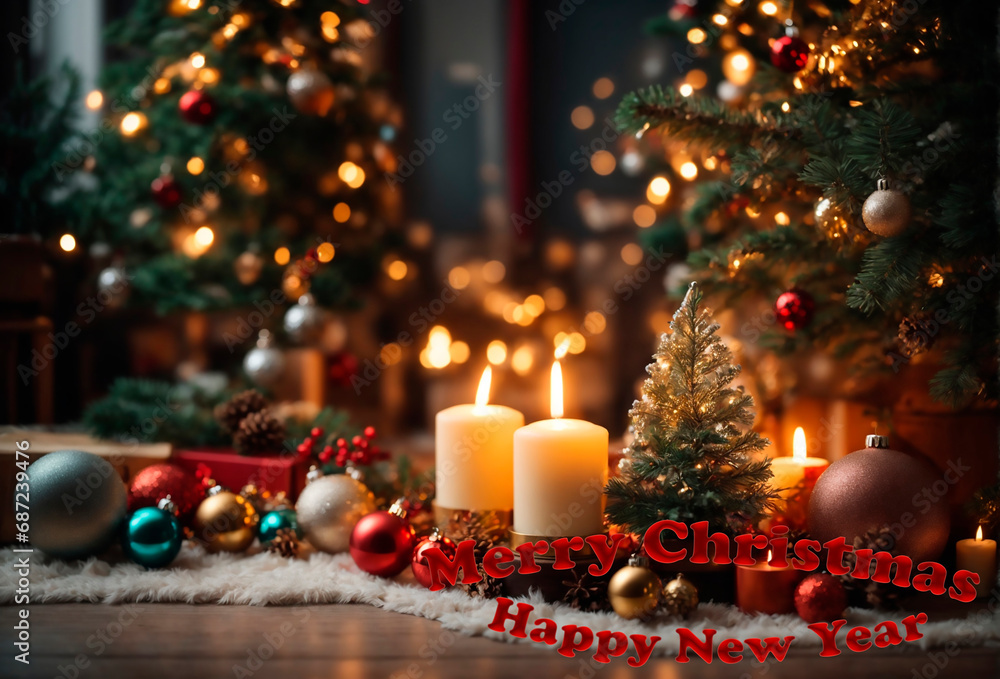Christmas. New Year. Greeting card beautiful christmas background New Year's candles and decorations