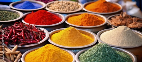 Vibrant spices showcased at a rural Indian market Copy space image Place for adding text or design