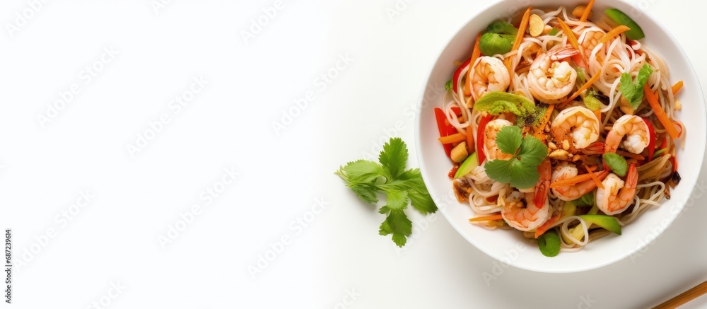 Top view of Thai street food concept featuring a spicy seafood salad with vermicelli and vegetables on a white wooden background Copy space image Place for adding text or design Top view of Thai street food concept featuring a spicy seafood salad with vermicelli and vegetables on a white wooden background Copy space image Place for adding text or design