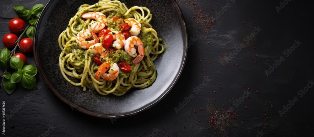 Tasty pasta with pesto and seafood on a black plate on a dark concrete background Copy space image Place for adding text or design