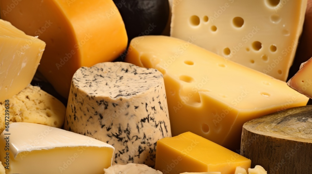 Various types of cheese, showcasing a delectable assortment of textures, colors, and flavors. Rich diversity and culinary appeal of different cheese varieties.