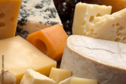 Various types of cheese, showcasing a delectable assortment of textures, colors, and flavors. Rich diversity and culinary appeal of different cheese varieties.