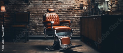 Vintage barber chair enhances loft interior for a stylish barbershop ambiance Copy space image Place for adding text or design photo