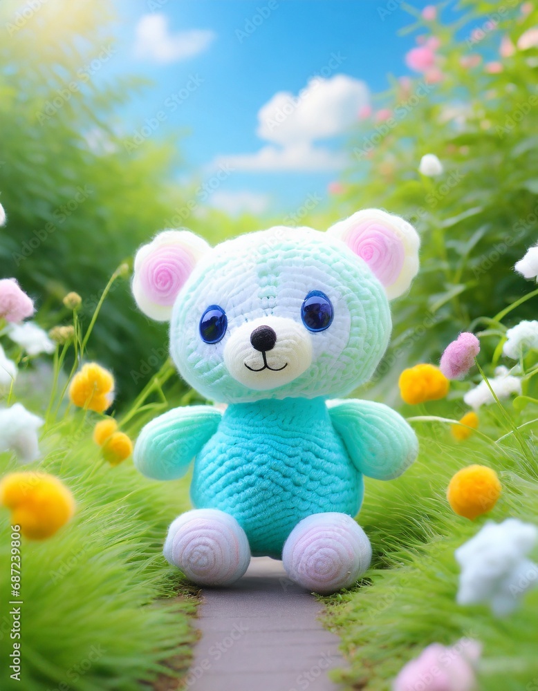 Colorful teddy bear yarn toy in the garden, surrounded with flowers. Pastel bright illustration. Colorful teddy bear yarn toy in the garden, surrounded with flowers. Pastel bright illustration.