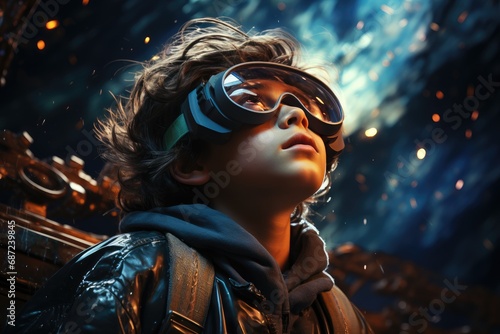 A curious young girl s face shines with excitement as she explores a digital world through her vibrant  cg artwork-inspired goggles