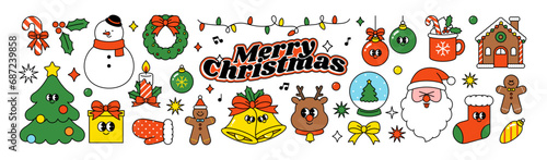 Merry Christmas, Happy New year cute sticker pack. Groovy patch collection. funny Xmas label set. Holiday design bundle. Hippie 70s 60s trendy retro cartoon style. Vintage vector flat illustration.