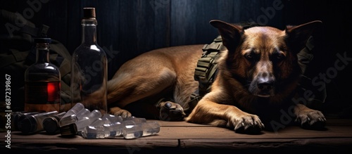 Veterans coping with PTSD using prescription pills and alcohol depicted by military dog tags a pill bottle and a flask Copy space image Place for adding text or design © HN Works