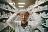 Worried retiree consumer in pharmacy. Senior male buyer shocked with expensive drugs. Poor retirement life concept