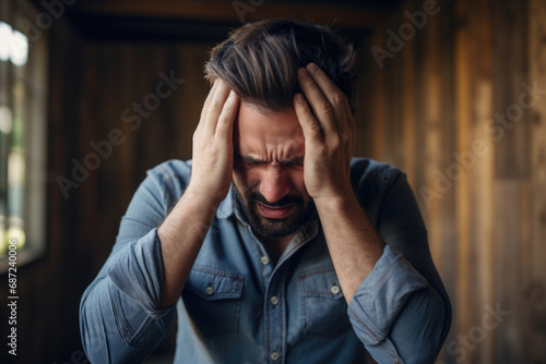 Man suffering from headache. Male person with painful facial expression, suffering from pain. Stress and depression concept