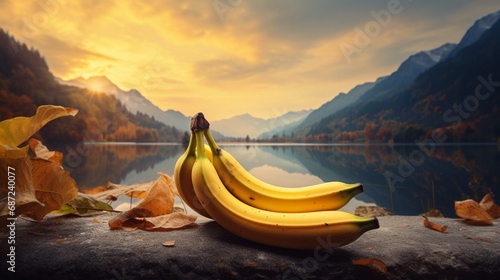 Envision a happy banana character surrounded by the ethereal beauty of a fantastic autumn sunset reflecting on the tranquil waters of Hintersee lake photo