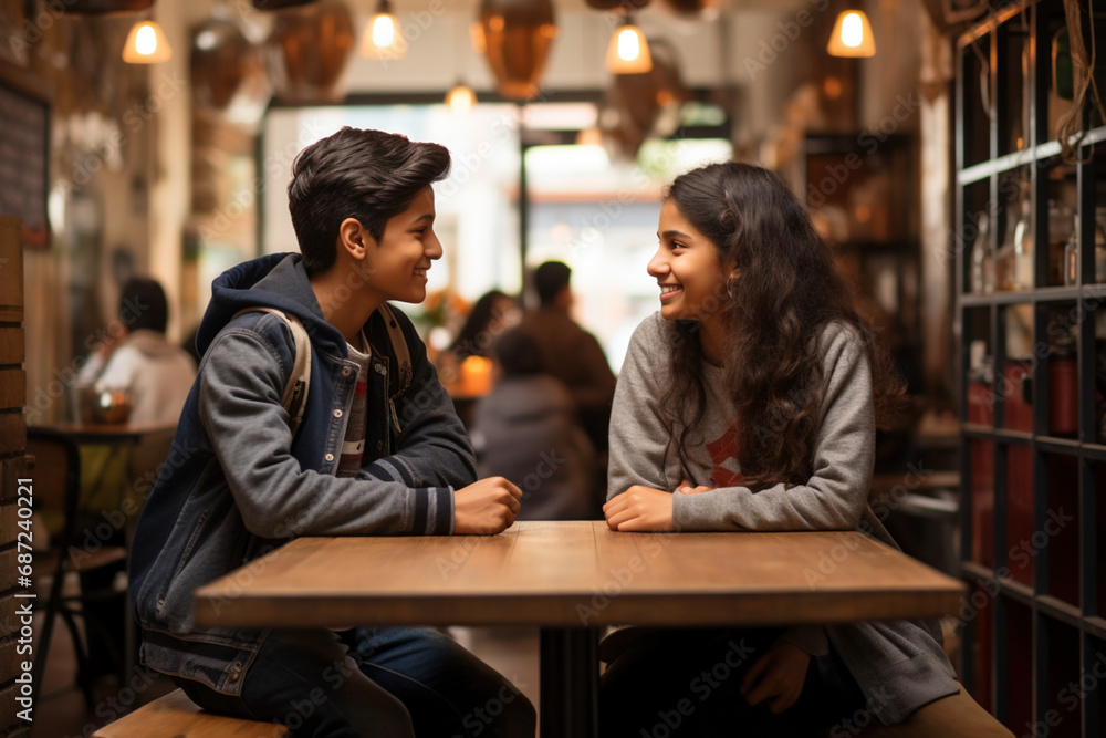 First mutual love like each other from young years relationship sensuality tenderness concept. Indian secondary school pupil teenager kids children smile have romantic date in cafe restaurant First mutual love like each other from young years relationship sensuality tenderness concept. Indian secondary school pupil teenager kids children smile have romantic date in cafe restaurant