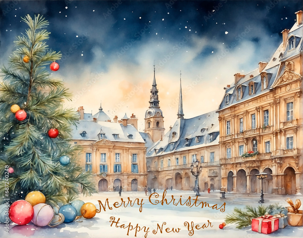 Christmas. New Year. Greeting card beautiful watercolor background city landscape