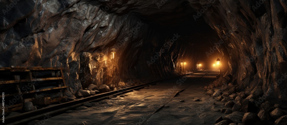 Underground mining tunnel with pipelines on the ceiling and rail track for trolleys Copy space image Place for adding text or design - obrazy, fototapety, plakaty 