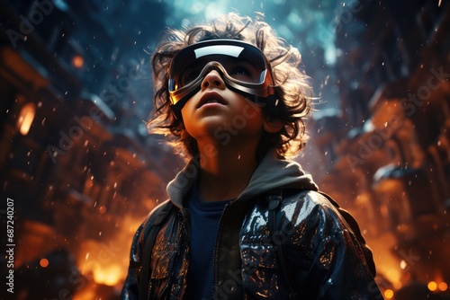 A determined child, clad in a jacket and sporting goggles, prepares for a high-stakes adventure in this action-packed film