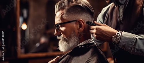 Unidentified barber creating a trendy haircut with specialized tools in a barbershop Barber s training Copy space image Place for adding text or design