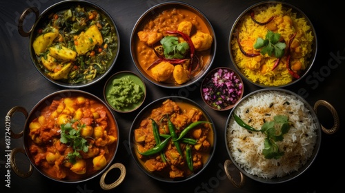 assorted indian curry and rice dishes shot, overhead composition, copy space, 16:9