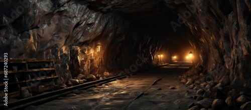Obraz na plátně Underground mining tunnel with pipelines on the ceiling and rail track for troll