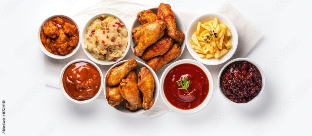Top view of air fryer chicken wings with chili glaze and assorted sauces on a white background Copy space image Place for adding text or design Top view of air fryer chicken wings with chili glaze and assorted sauces on a white background Copy space image Place for adding text or design