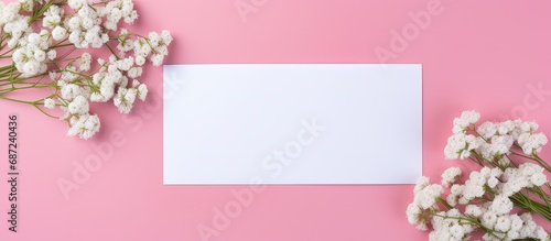 Wedding arrangement with white paper list gypsophila flowers and colored table Greeting cards and envelopes included Lovely floral pattern in flat lay style Copy space image Place for adding te