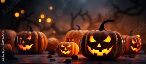 Spooky Halloween background with carved pumpkins in dark night bokeh lights and spider web Copy space image Place for adding text or design © HN Works