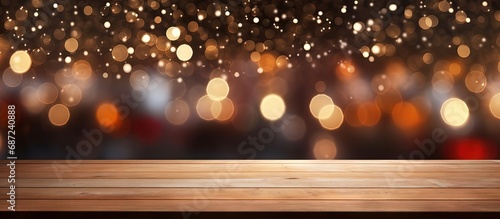 Winter bokeh background with empty wooden table for product montage during Christmas holidays Copy space image Place for adding text or design