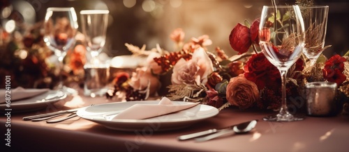 Wedding table adorned with flowers Banquet table styled and adorned with cutlery Copy space image Place for adding text or design