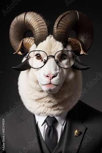 a goat wearing a suit and tie with glasses