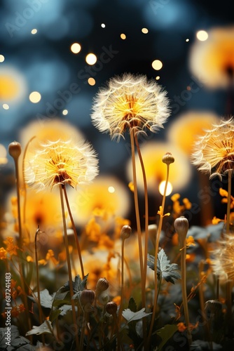 ellow dandelion flowers on meadow in nature in summer close-up macro in rays of sunlight at sunset sunrise photo