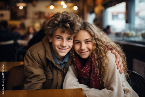 First mutual love like each other from young years age relationship sensuality tenderness concept. Portrait of two happy school pupil teenager kids children in love have romantic date in cafe