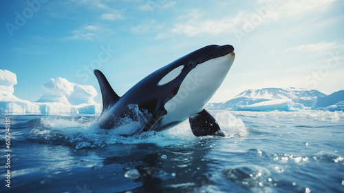 The orca jumps out of the ocean on the Arctic ice background