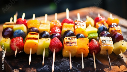 Grilled fruit pieces on wooden skewers, Skewers of different fruits on skewers on a wooden board