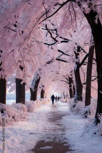 Beautiful alley in the park in winter with trees covered with snow and hoarfrost Girl in distance walking with a dog Beautiful artistic image of winter Tinted blue and pink © taqwa