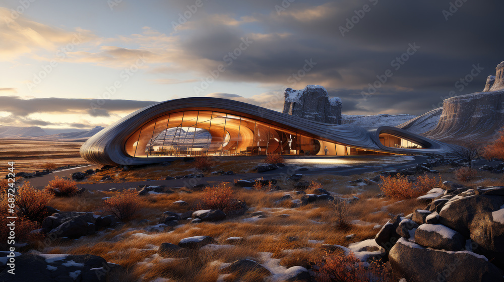 Fototapeta premium Arctic Elegance: Parametric Ski Cabin in Icelandic Splendor. Generative AI